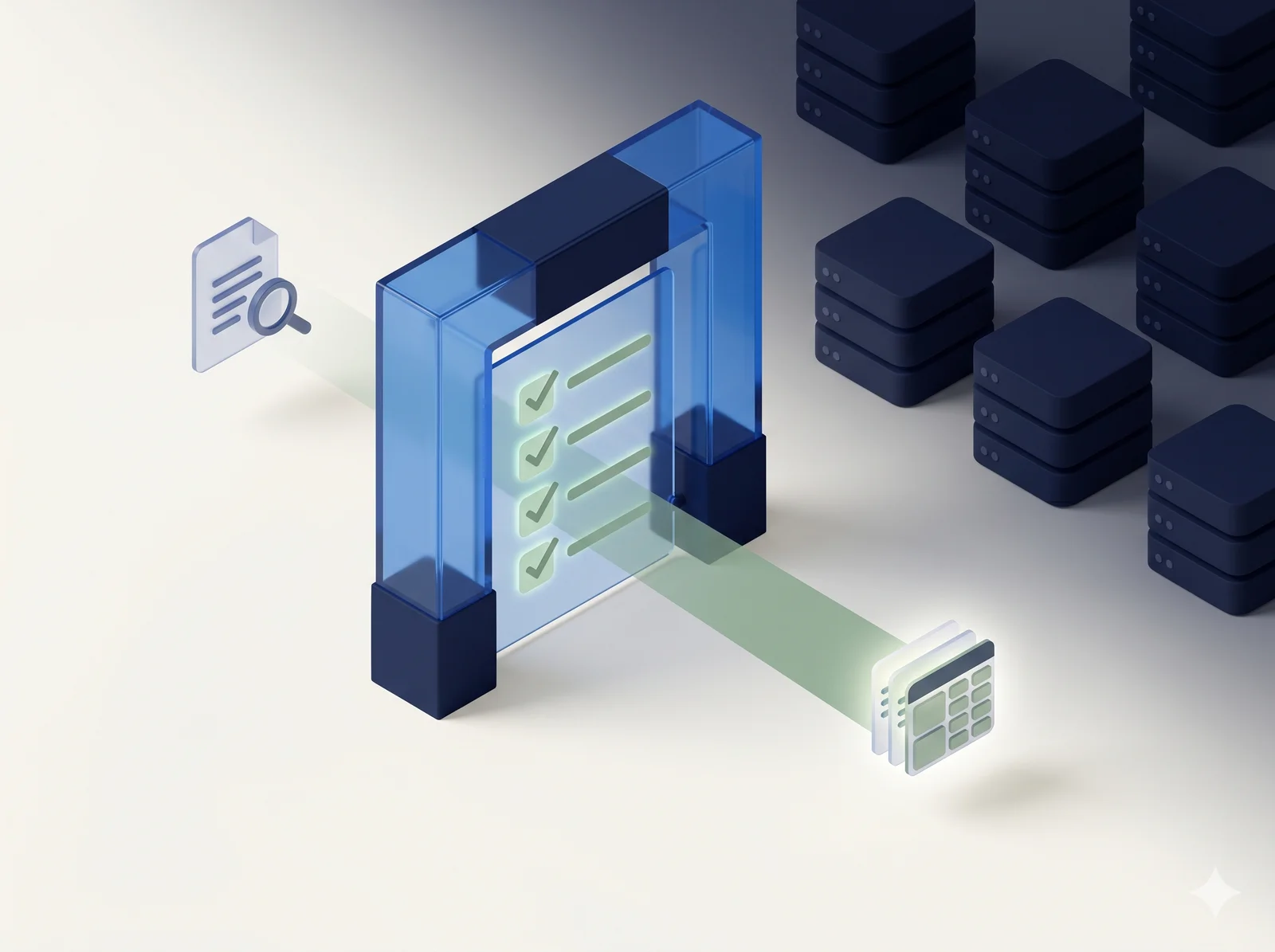 A query document approaches a translucent blue gate displaying a green checklist; only after passing the gate does a beam of light reach a single authorized dataset, with other databases dimmed.