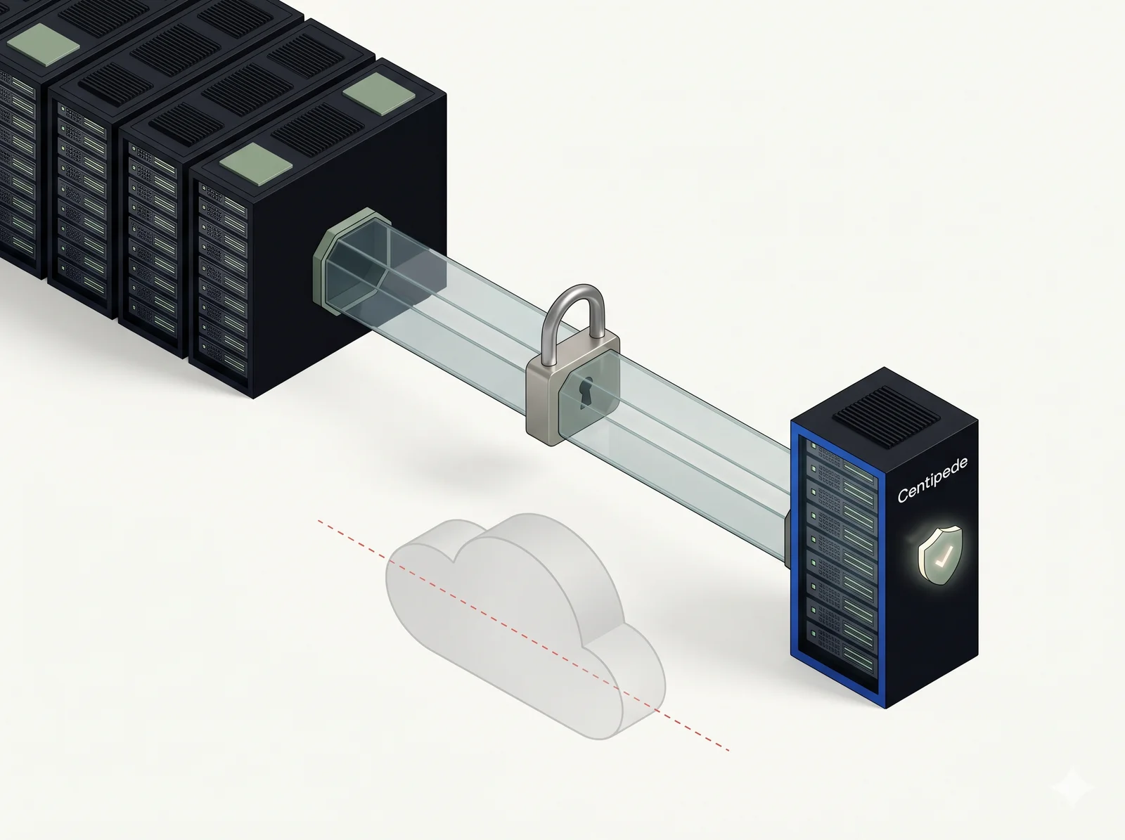 Customer data center connected to Centipede through a locked private tunnel; the public internet cloud sits below, separated by a red dashed line.